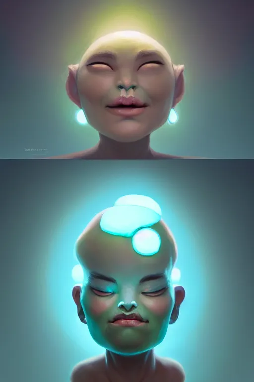 Image similar to super cute Bioluminescent earth deity character concept, only one face, soft light, soft mood, realistic body features and face, illustration, painting oil on canvas by Elena Zhurikhina and Goro Fujita and Charlie Bowater, octane render trending on artstation, 4k, 8k, HD