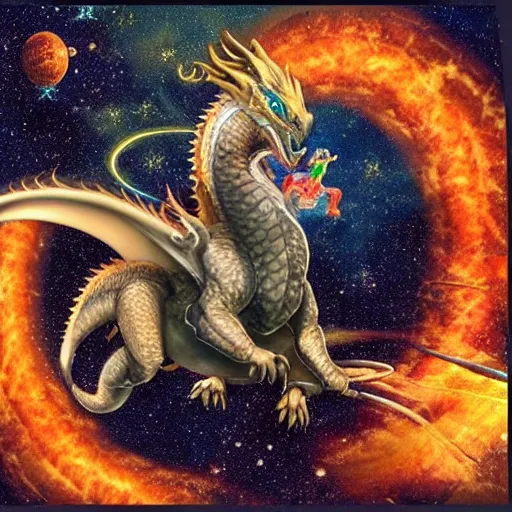 Image similar to Kayla riding a dragon through space