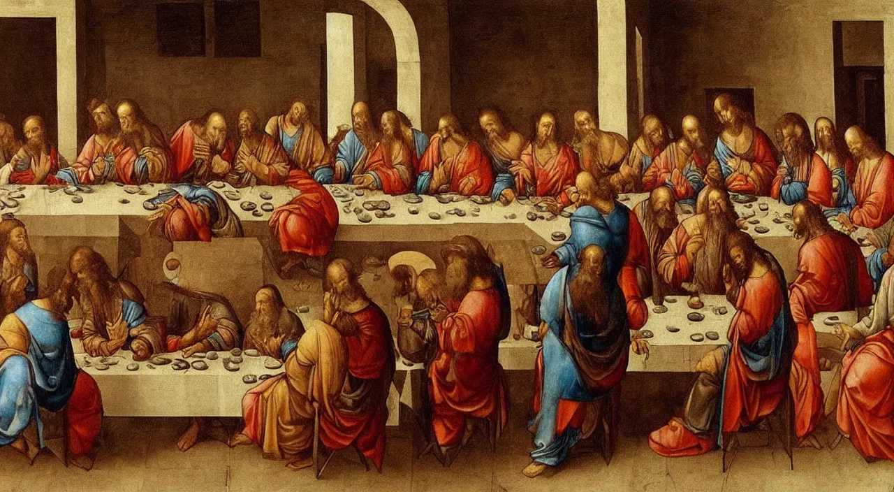 Image similar to “Painting of The Last Supper, everybody sat at the table staring at their smartphones, Leonardo Da Vinci, 1498, Tempera on gesso, pitch, and mastic”