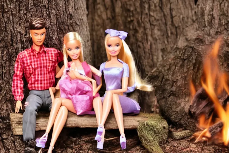 Image similar to Barbie and Ken sitting in the forest near the fireplace, Ken's face is melting, night, high-resolution photo,