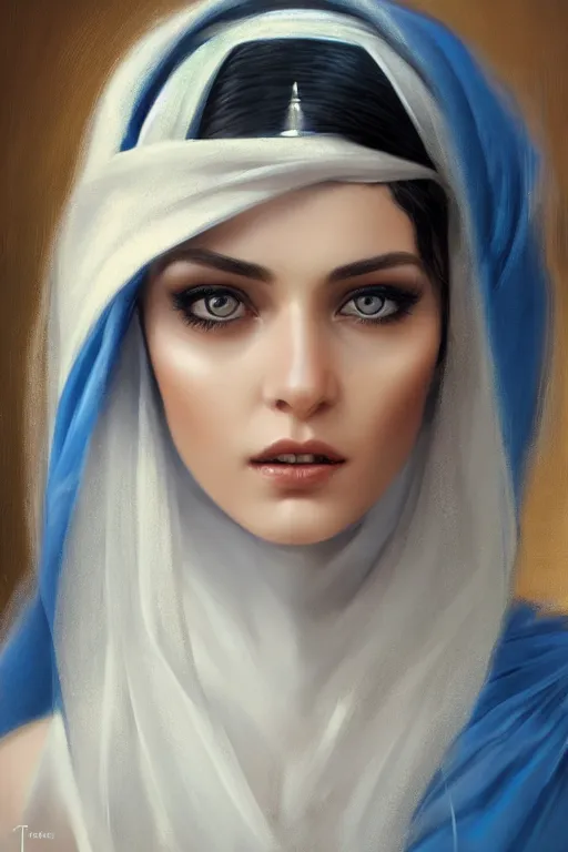 Image similar to modern arab Ameera al-Taweel, bright blue eyes, long wavy black hair, white veil, closeup, focus face, elegant, highly detailed, centered, oil painting, artstation, concept art by tom bagshaw