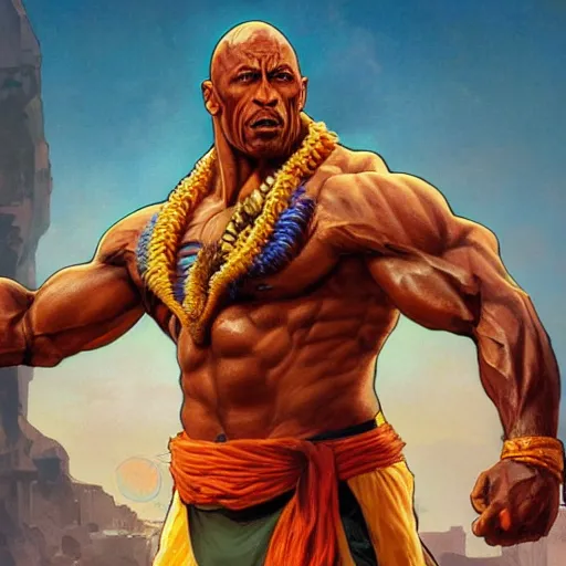 Image similar to the rock as dhalsim from street fighter, 4 k, ultra realistic, detailed focused art by artgerm and greg rutkowski and alphonse mucha