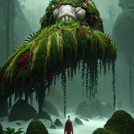 Prompt: a giant creature in a lush trunda vegetation, snow snow : : by michal karcz, daniel merriam, victo ngai and guillermo del toro : : ornate, dynamic, particulate, intricate, elegant, highly detailed, centered, artstation, smooth, sharp focus, octane render, 3 d