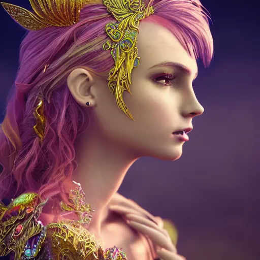 Image similar to side portrait of fairy princess, beautiful, attractive, glowing, ornate and intricate, jaw dropping, dynamic lighting, colorful, fairy tale, intricate and detailed, 4 k octane render, intricate wings