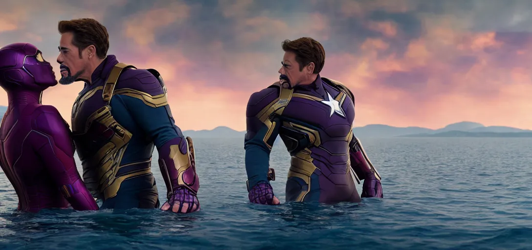 Prompt: a very high resolution image from a new movie. thanos kissing tony stark while capitan america watches on a lake, photorealistic, photography, directed by wes anderson