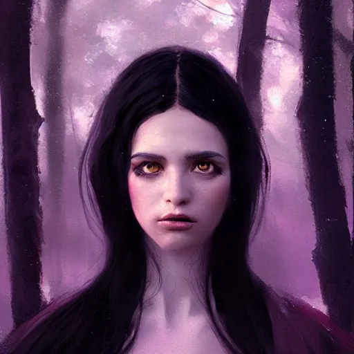 Image similar to portrait painting of female forest elf black hair, purple eyes, black dress, dramatic light, 8 k, by greg rutkowski