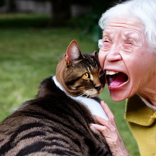 Prompt: an old woman opening her mouth extremely wide and a cat jumping into it