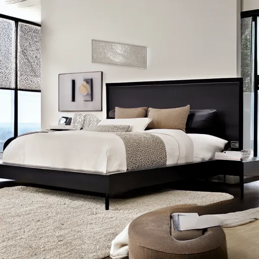 Image similar to award-winning catalog photo modern headboard in the shape of a fireplace mantel master bedroom