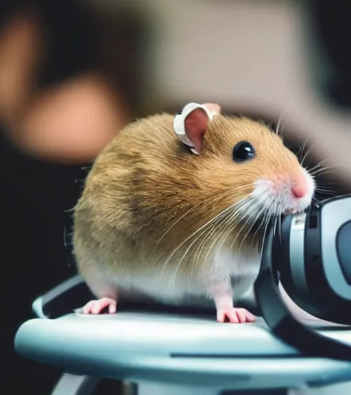 Image similar to a hamster wearing a VR headset on its head.