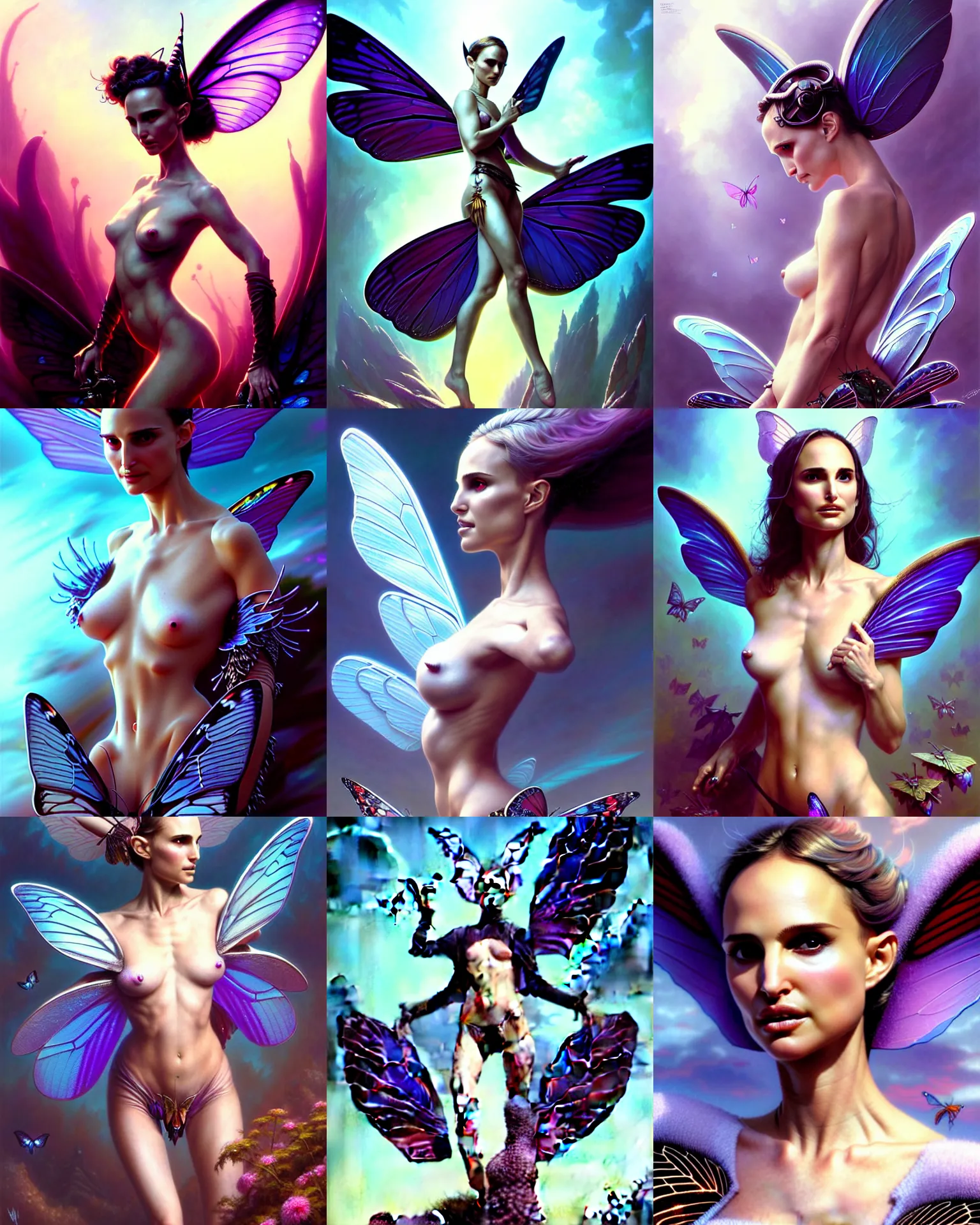 Prompt: beautiful pixie fantasy character portrait, natalie portman, butterfly wings, ultra realistic, wide angle, seductive pose, cyberpunk artifacts, highly detailed by peter mohrbacher, hajime sorayama, wayne barlowe, boris vallejo, aaron horkey, gaston bussiere, craig mullins