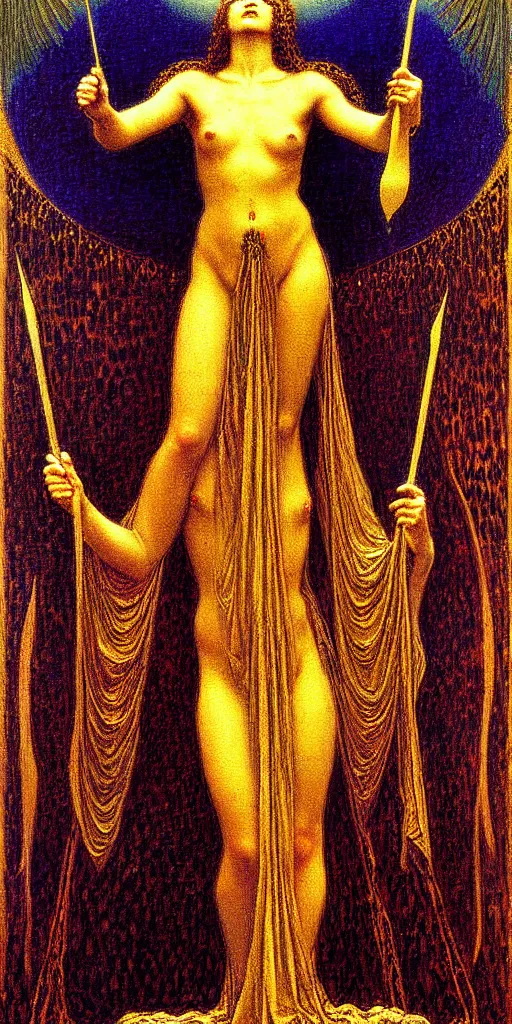 Prompt: a painting of the high priestess tarot card, figure within frame by gustav moreau and jean delville