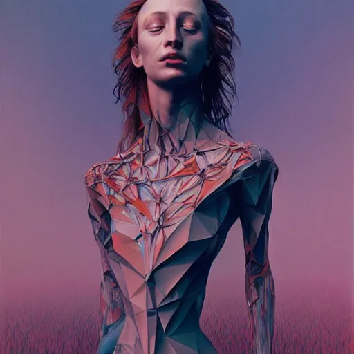 Image similar to low poly by zdzisław beksinski, iris van herpen, artgerm, raymond swanland and alphonse mucha. highly detailed, hyper real, beautiful