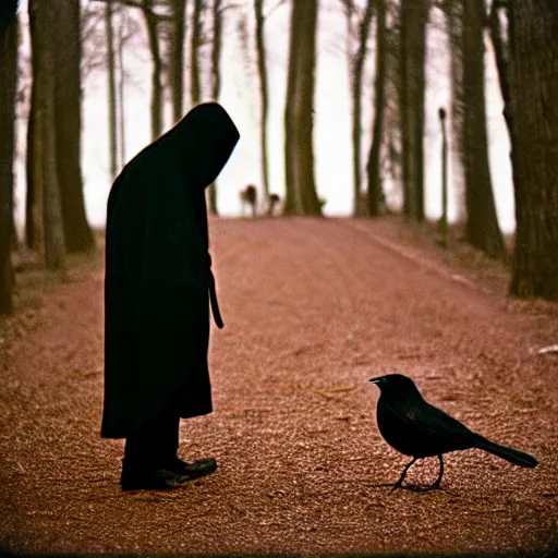 Prompt: man in black hooded cloak holds a bird, kodak vision 3 500t