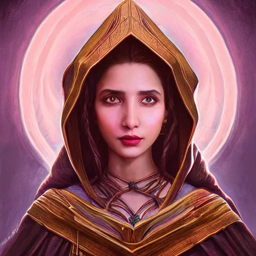 Prompt: head-on symmetrical centered painted portrait, Mahira Khan as a D&D wizard, medieval robes, fantasy, intricate, elegant, highly detailed, digital painting, smooth, sharp focus, illustration, artstation, in the style of Artgerm and Anna Podedworna and Alex Ross