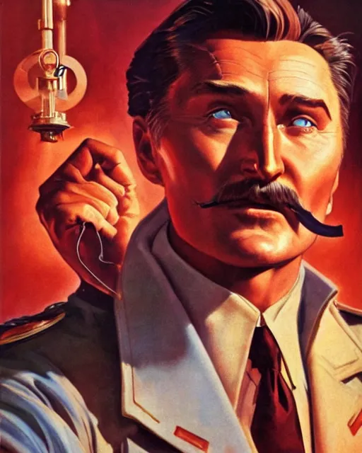 Image similar to Errol Flynn as a scientist. 1980s dystopian Soviet Russia, propaganda screens. Unreal engine, fantasy art by Jesper Ejsing. Faithfully depicted facial expression, perfect anatomy global illumination, radiant light, detailed and intricate environment