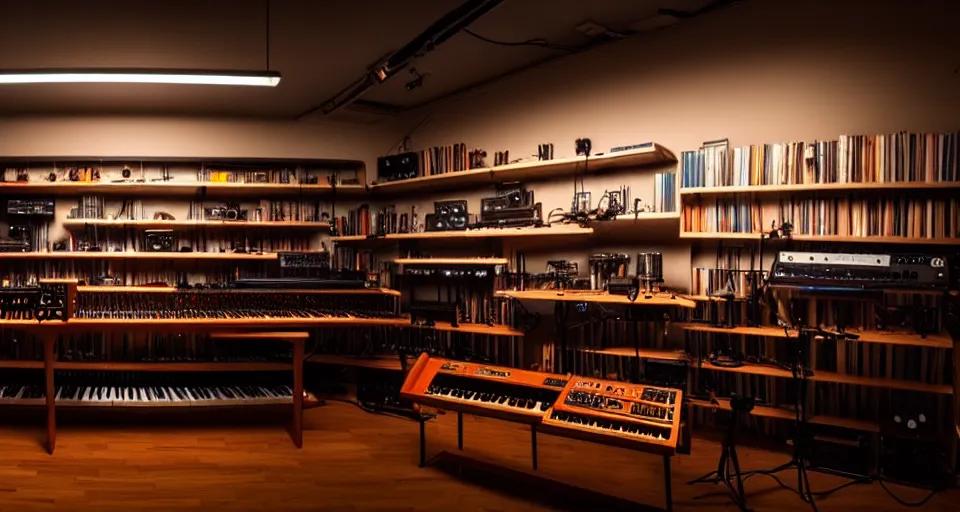 Image similar to a shelf of amazing synthesizers, cinematic lighting, detailed, beautiful colors, by greg rutowski and studio ghibli