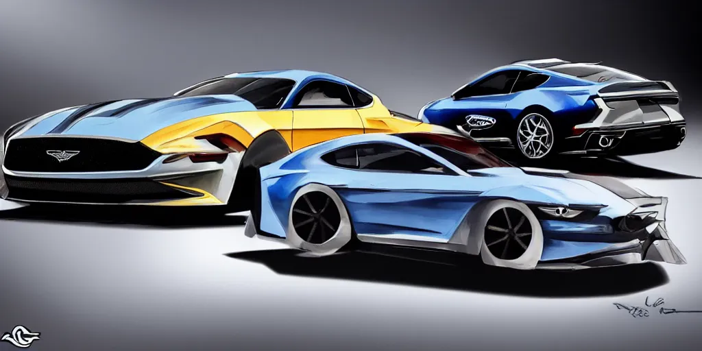 Image similar to hybrid design of Ford Mustang GT 2021 and Aston Martin 2022. No background, concept art style.