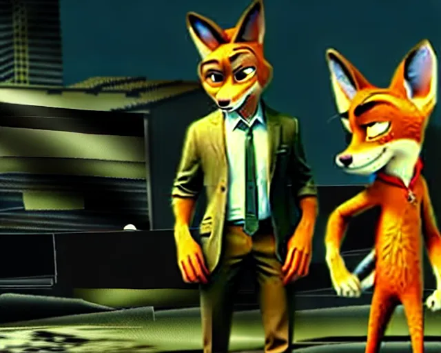 Image similar to nick wilde as max payne 3 set in gritty neo - noir zootopia, battle through the favela / furvela