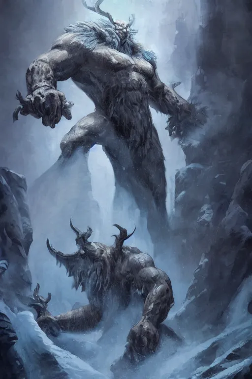 Image similar to north mythology concept art painting of ice gigant ymir the ancestor of all giants by james gurney, trending on artstation, detailed