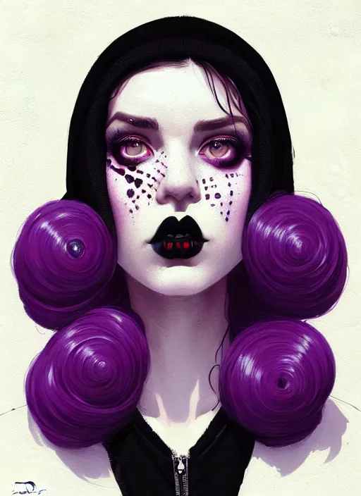 Image similar to highly detailed portrait of a goth young woman with black lips and pronounced chest, tartan hoody, photographic realistic background, ringlet hair by atey ghailan, by greg rutkowski, by greg tocchini, by james gilleard, by joe fenton, by kaethe butcher, gradient purple, cream and white color scheme, trending in instagram, award winning details
