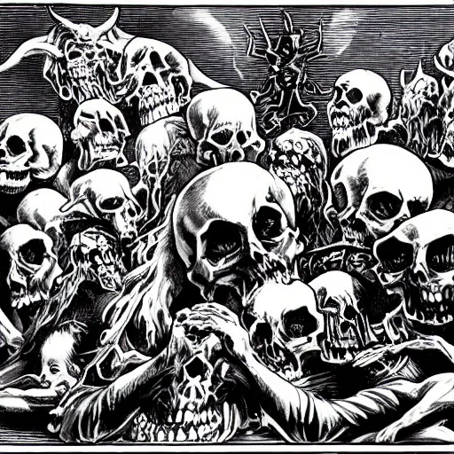 Prompt: an epic scene of blasphemy and abominations, black and white, demons, skulls, death, corpse, devils, unholy,