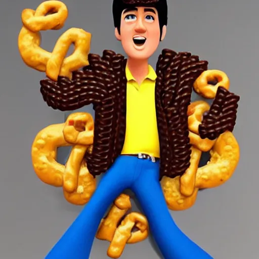 Image similar to elvis presley with legs made from pretzels!!!!, pixar character, stage background, pixar, 3 d,