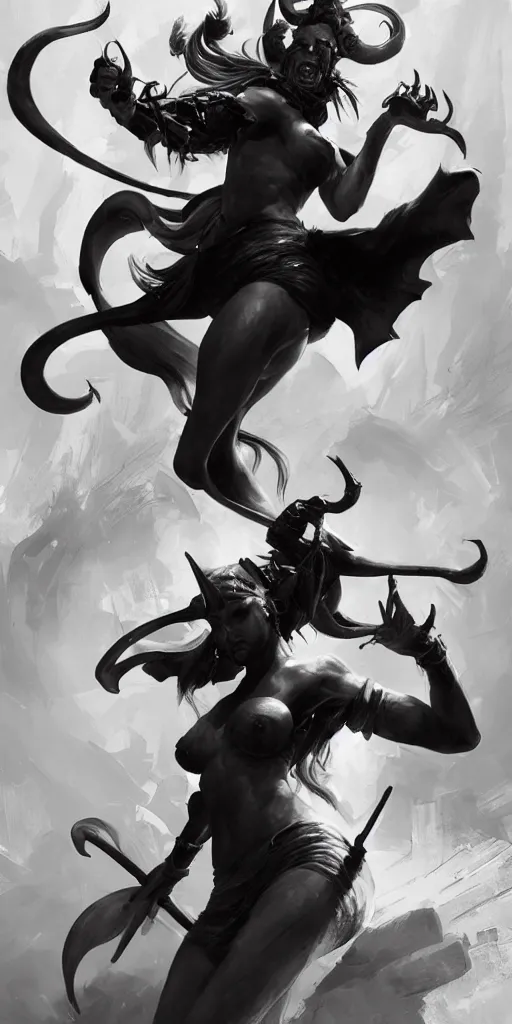 Image similar to highly detailed beautiful black and white photography of a tiefling, sharp focus, dynamic lighting, elegant harmony, beauty, masterpiece, by riccardo federici, by craig mullins, by greg tocchini, by greg rutkowski