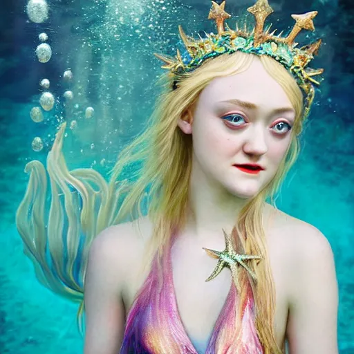 Prompt: dakota fanning portrait, fantasy, mermaid, hyperrealistic, game character, underwater, highly detailed, sharp focus, cinematic lighting, pearls, glowing hair, shells, gills, crown, water, highlights, starfish, jewelry, realistic, digital art, pastel, magic, fiction, ocean, king, colorful hair, sparkly eyes, fish, heroic, goddess, waves, bubbles, queen