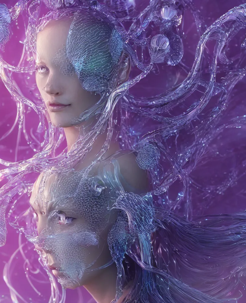 Image similar to close-up macro portrait of the face of a beautiful princess, epic angle and pose, symmetrical artwork, 3d with depth of field, blurred background, cybernetic jellyfish female face skull phoenix bird, translucent, nautilus, energy flows of water and fire. a highly detailed epic cinematic concept art CG render. made in Maya, Blender and Photoshop, octane render, excellent composition, cinematic dystopian brutalist atmosphere, dynamic dramatic cinematic lighting, aesthetic, very inspirational, arthouse. y Greg Rutkowski, Ilya Kuvshinov, WLOP, Stanley Artgerm Lau, Ruan Jia and Fenghua Zhong