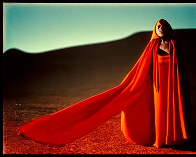 Prompt: by bruce davidson, by andrew boog faithfull redscale photography evocative. a mystical woman in scarlet robes, conical hot in front of a desert mesa.