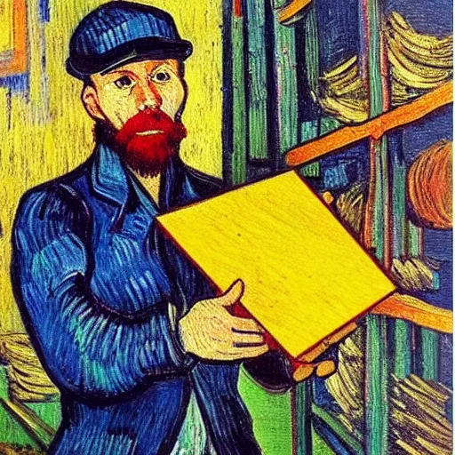 Image similar to oil painting of a man with construction hat holding a package in warehouse in the style of vincent van gogh