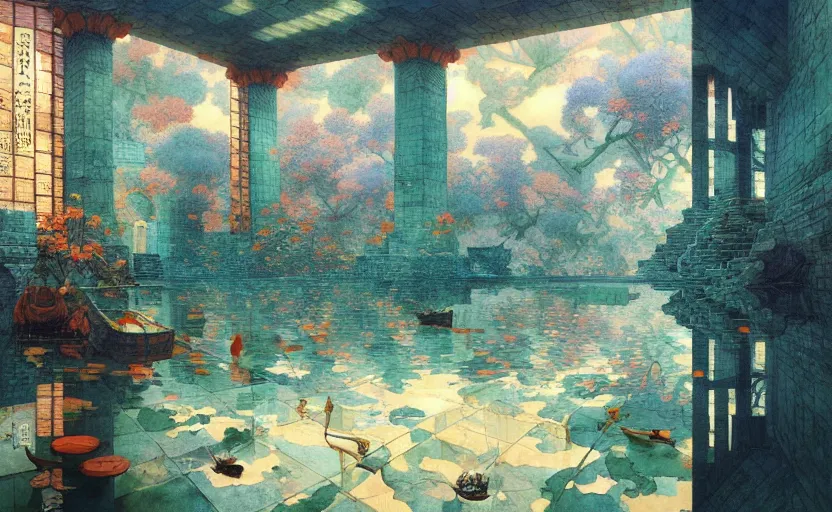 Image similar to tiled room squared waterway, fantasy. intricate, amazing composition, colorful watercolor, by ruan jia, by maxfield parrish, by marc simonetti, by hikari shimoda, by robert hubert, by zhang kechun, illustration, gloomy