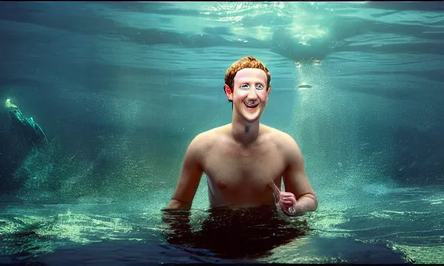 Image similar to mark zuckerberg as a mermaid ruling the ocean, photorealistic, cinematic lighting, highly detailed, extremely realistic color photograph by stanley kubrick