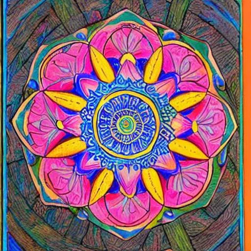 Prompt: a colorful mandala drawn on an ancient tome page