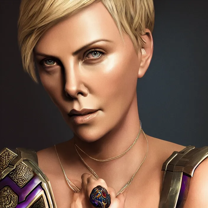 Image similar to portrait of ((Charlize Theron)), wearing The Infinity stones. SNAP. intricate artwork. octane render, trending on artstation, very coherent symmetrical artwork. avengers. thanos. cinematic, hyper realism, high detail, octane render, 8k, iridescent accents