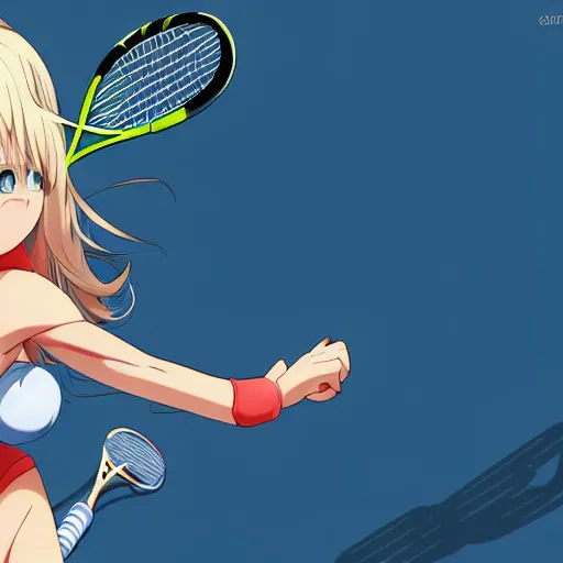 Image similar to a very beautiful young anime tennis girl, full body, long wavy blond hair, sky blue eyes, full round face,, bikini, miniskirt, front view, mid - shot, highly detailed, cinematic wallpaper by stanley artgerm lau