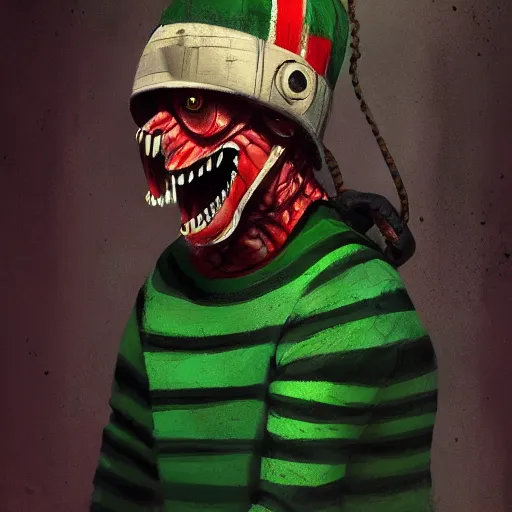 Prompt: Freddie Kruger wearing a green and red striped sweater, horror, grunge, loony toons style, illustrated by Greg Rutkowski ., Trending on artstation, artstationHD, artstationHQ, 4k, 8k