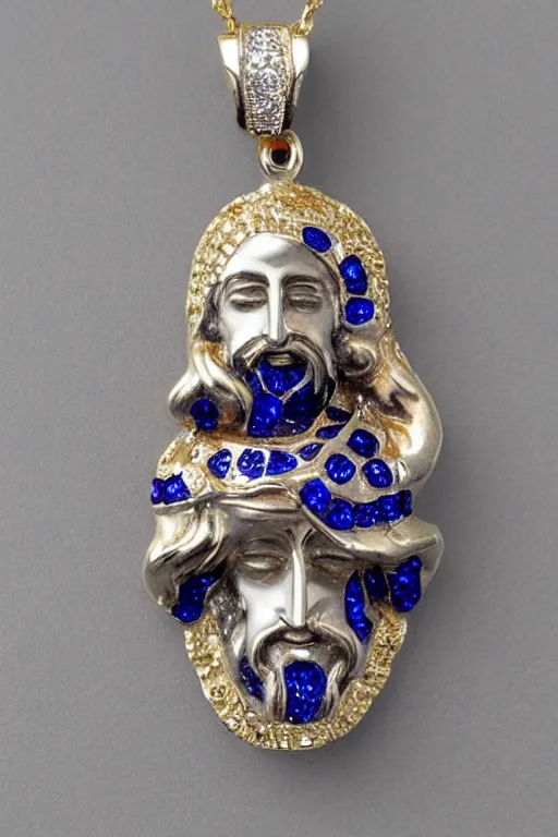 Prompt: this gold jesus pendant upgraded in platinum and sapphires where there are diamonds. high shine jewelry