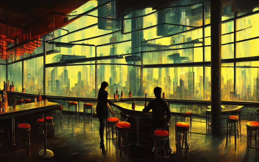 Image similar to cyberpunk loft lounge with tall windows, few people, city in background, bar counter with bartender and chairs, drawn by feng zhu, sparse plants, dim painterly lighting volumetric aquatics, impasto