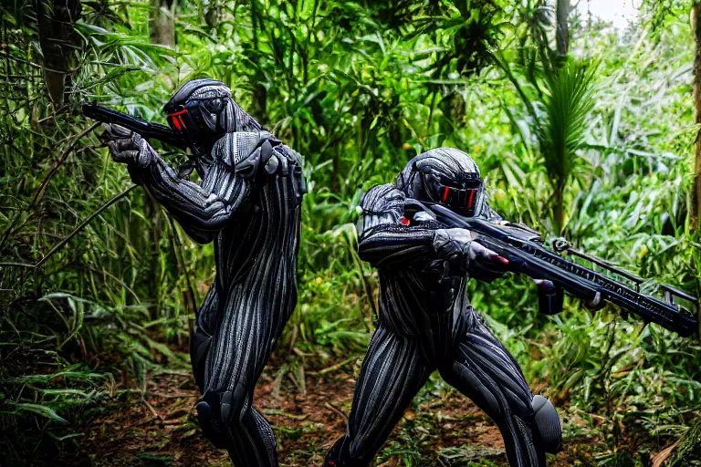 Image similar to Crysis Nanosuit shooting at enemies in a jungle combat photography 2022, Canon EOS R3, f/1.4, ISO 200, 1/160s, 8K, RAW, unedited, symmetrical balance, in-frame,