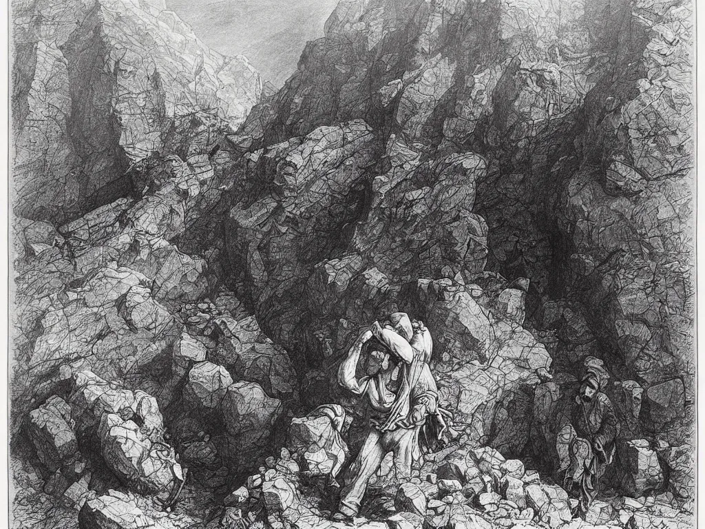 Image similar to Worker in the mines carrying stones. Ink painting by Gustave Dore, Albrecht Durer, Sebastiao Salgado