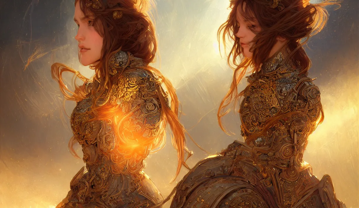 Image similar to portrait light brown hair knights of zodiac girl, metalic orange and dark blue reflected armor, in ruined agora of athens, ssci - fi, fantasy, intricate, very very beautiful, elegant, golden light, highly detailed, digital painting, artstation, concept art, smooth, sharp focus, illustration, art by tian zi and wlop and alphonse mucha