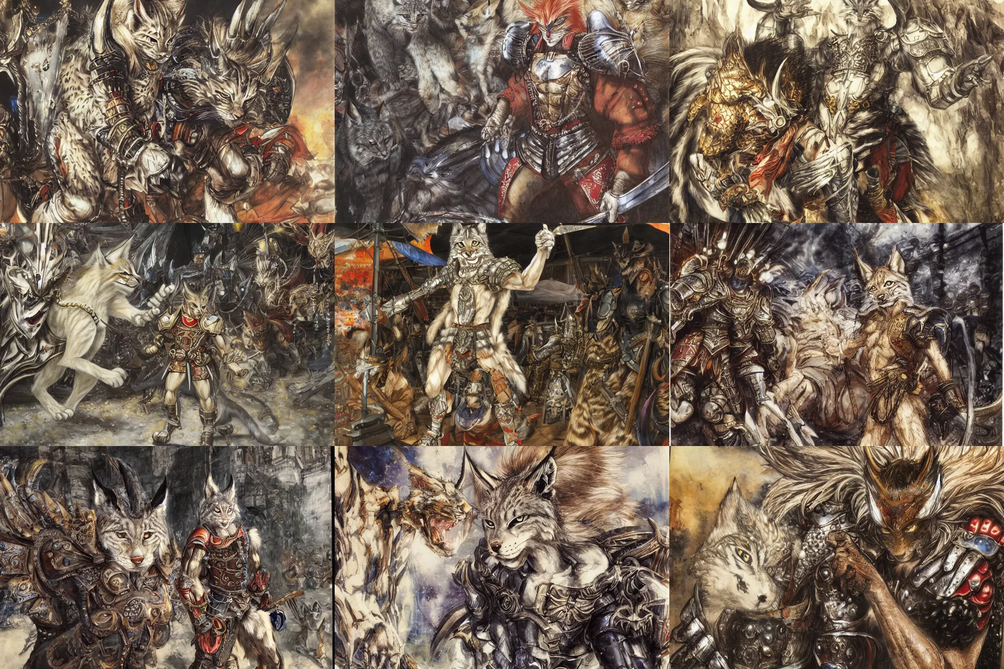 Image similar to 8k Yoshitaka Amano painting of upper body of a young cool looking lynx beast-man with white mane at a medieval market at windy day. Depth of field. He is wearing complex fantasy armors. He has huge paws. Renaissance style lighting.