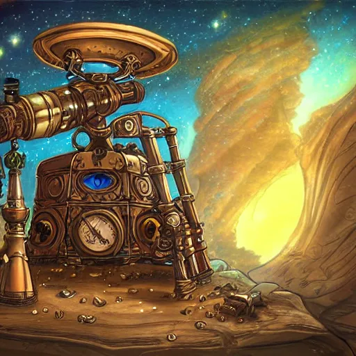 Image similar to steampunk telescope looking at the starry sky, hearthstone coloring style, epic fantasy style art, fantasy epic digital art