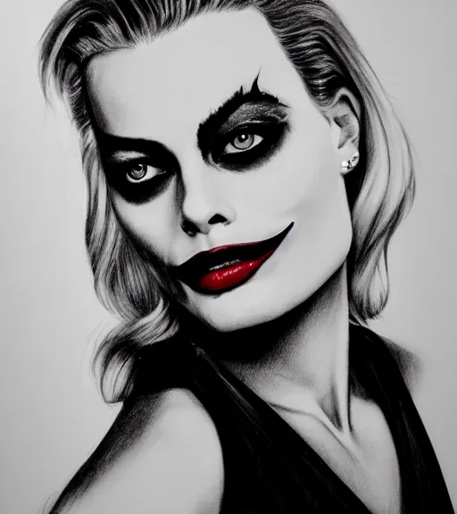 Image similar to photographic still of the beautiful margot robbie portrait with joker makeup, in the style of den yakovlev, realistic face, black and white, realism tattoo, hyper realistic, highly detailed, award winning drawing