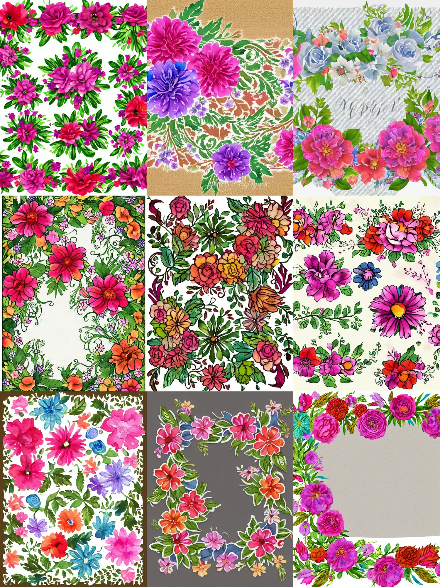 Prompt: clipart borders, floral, watercolor, border art, decorative edge, floral trim, floral border embellishment, flower border adornment, floral border decoration,