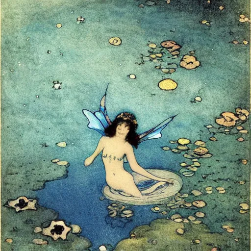 Image similar to a fairy bathing in the lake under the starry sky, magical atmosphere, by edmund dulac