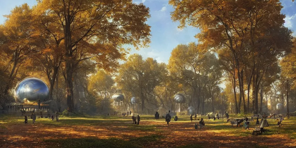 Image similar to a woodland city and park with a glorious spherical sci-fi building at its centre, bright and sunny day, autumn, Greg Rutkowski and Ivan Shishkin