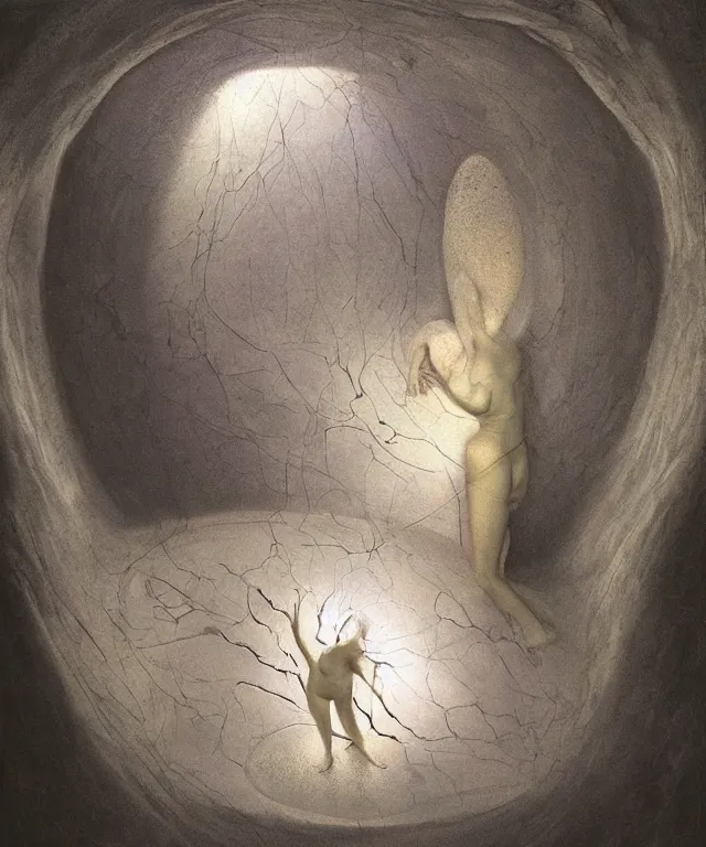 Image similar to Beautiful full-body wax sculpture of a glowing transparent woman inside egg in the singularity where stars becoming baroque folds of dark matter by Michelangelo da Caravaggio, Nicola Samori, William Blake, Alex Grey and Beksinski, dramatic volumetric lighting, highly detailed oil painting, 8k, masterpiece