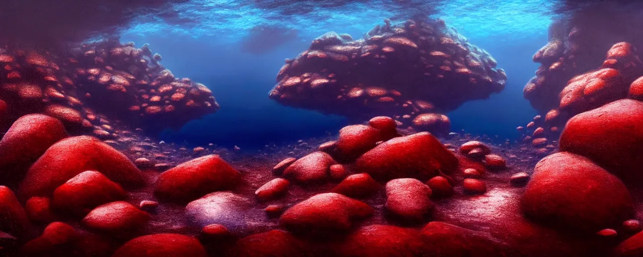 Image similar to A gorgeous detailed oil of a dark red sea covered in big blue steep rocks, a school of piranhas underwater, the further away the mistier it gets, surreal, concept art, dark aesthetic, atmospheric, moody, hyperrealism, highly detailed, masterpiece, award winning, 4k, unreal engine